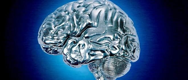 Le cerveau avec un halo bleu sur fond inoxydable.