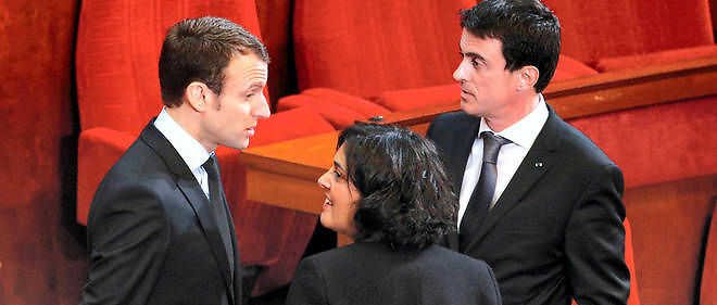 Manuel Valls, Emmanuel Macron et Myriam El Khomry au Cese le 18 janvier. On prete a la ministre du Travail d'inquietants projets pour aligner le statut des travailleurs independants dans "la dependance economique d'un tiers", par exemple Uber, sur celui des salaries.