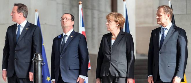 Le Premier ministre britannique James Cameron, le president francais Francois Hollande, la chanceliere allemande Angela Merkel et le president du Conseil europeen Donald Tusk (photo d'illustration).