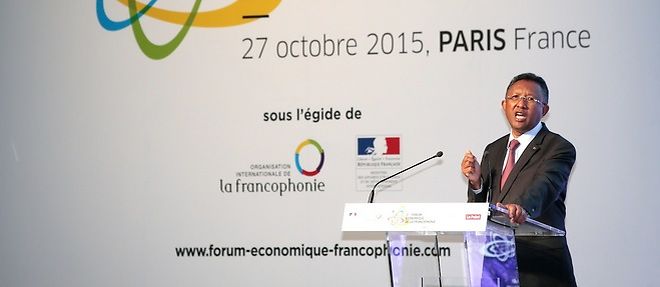 Le president malgache Hery Rajaonarimampianina pendant son intervention lors du 2e Forum economique de la Francophonie.