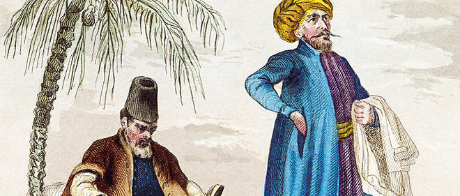 Medecin et marchand juifs. Jaune, bleu et rouge etaient les couleurs des dhimmi. Gravure de Rebel, d'apres un dessin de Lalaisse (1860).