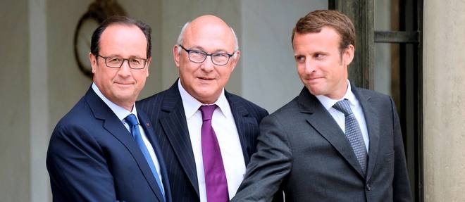 Francois Hollande, Michel Sapin et Emmanuel Macron se sont felicites de la hausse moins importante que prevu du deficit public (illustration).