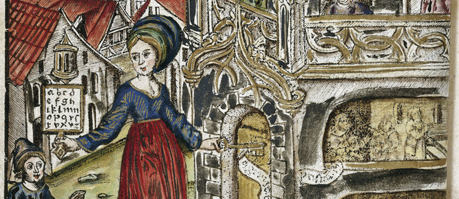 La divinite romaine Carmenta (ou Nicostrata), livre en main, menant un enfant vers "la tour de l'apprentissage". Gravure sur bois, extraite de l'encyclopedie Margarita Philosophica (edition 1535), du moine chartreux Gregor Reisch (1467-1525).