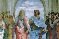 "L'Ecole d'Athenes" : Platon, a gauche, tenant le "Timee", et Aristote avec l'"Ethique". Detail de la fresque du peintre italien Raphael (1483-1520), exposee dans la Chambre de la Signature des musees du Vatican. (C)akg-images / Erich Lessing