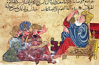 Aristote enseignant la physique a des etudiants. Miniature du XIIIe siecle illustrant les Choix de maximes de sagesse et des meilleures paroles d'Al-Mubashshir ibn Fatik, erudit du XIe siecle.