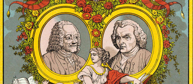 Voltaire et Rousseau representes dans des medaillons, lithographie du XIXe siecle.