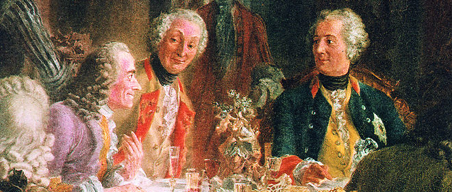 Voltaire parlant a Frederic II de Prusse (en bleu) lors d'un diner a Sans-Souci, peinture d'Adolph von Menzel (1815-1905).