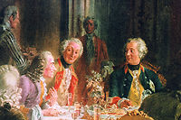 Voltaire parlant à Frédéric II de Prusse (en bleu) lors d'un dîner à Sans-Souci, peinture d'Adolph von Menzel (1815-1905).