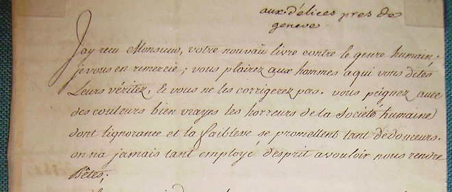 Manuscrit de la lettre Voltaire a Rousseau, 1755.