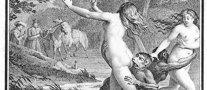 Gravure de Jean-Michel Moreau (1741-1814) illustrant l'episode de Candide de Voltaire ou Candide et Cacambo surprennent deux singes attaquant deux femmes nues. Bibliotheque nationale de France in Paris.