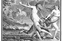 Gravure de Jean-Michel Moreau (1741–1814) illustrant l'épisode de Candide de Voltaire où Candide et Cacambo surprennent deux singes attaquant deux femmes nues. Bibliothèque nationale de France in Paris.