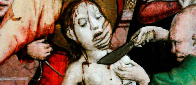 Torture de sainte Barbara. Detail du retable de sainte Barbe (1447) attribue a Wilhelm Kalteysen von Aachen (1420-1496), Musee national de Varsovie.