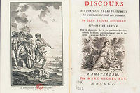 Detail de la page de garde de l'edition (Amsterdam, Marc Michel Rey, 1755) du Discours sur l'origine et les fondemens de l'inegalite parmi les  hommes de Jean-Jacques Rousseau.