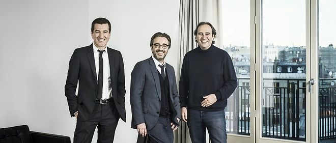 Les trois fondateur de Mediawan, Xavier Niel, Matthieu Pigasse et Pierre-Antoine Capton a Paris, le 7 avril 2016.