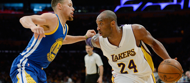 Kobe Bryant lors de son dernier match face aux Golden State Warriors est defendu par le meilleur joueur de la NBA, Stephen Curry.
