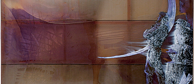  
"Forward" (2007). Cette immense (3 x 5  metres) toile, peinte des deux cotes, fait partie du dernier grand cycle de Polke, << Axial Age >>, testament artistique de l'artiste evoquant les intrications originelles entre le visible et l'invisible. Elle accueille le visiteur de l'exposition.
 