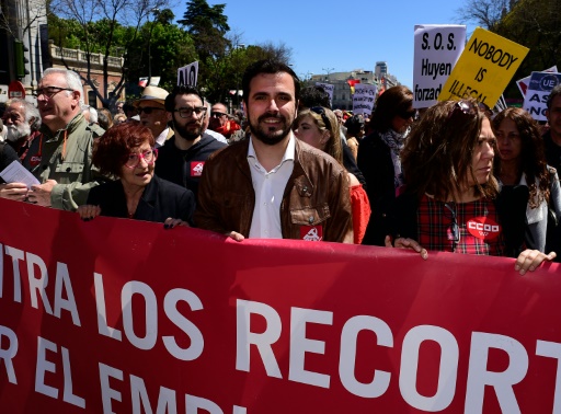 Le chef d'Izquierda Unida, Alberto Garzon, lors des manifestations du 1er mai à Madrid, le 1er mai 2016 © PIERRE-PHILIPPE MARCOU AFP/Archives