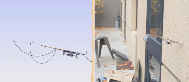 Le drone araignee, qui vole et grimpe au mur, invente par les etudiants du projet SCAMP de Stanford.