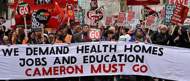 Manifestation contre l'austerite a Londres, le 16 avril 2016. 