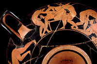 Grèce antique : coupe à figures rouges représentant une scène érotique. Paris, musée du Louvre