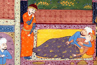 Le sultan, avec un geste d'étonnement, entre dans la chambre où un homme barbu et un jeune homme dorment enlacés. Miniature persane, extraite du manuscrit 