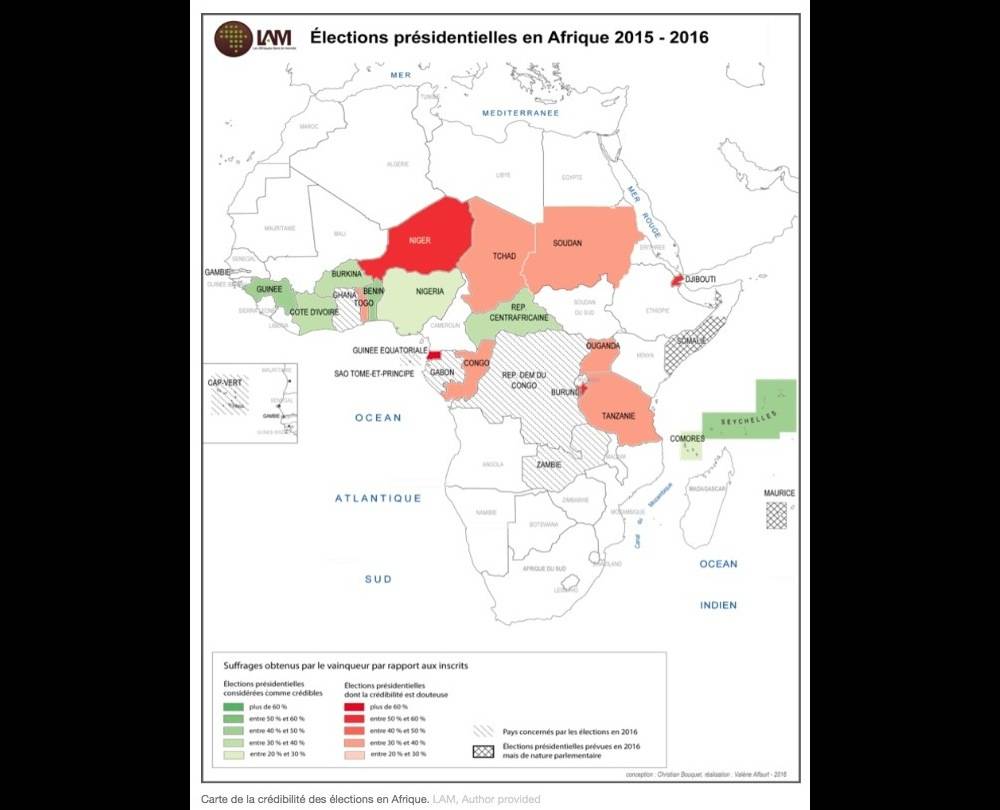 Carte de la crédibilité des élections en Afrique ©  TheConversation.com