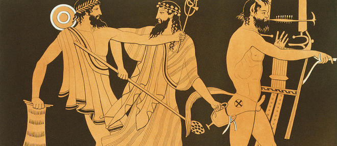Bacchus au centre, Mercure a gauche et Priape jouant de la lyre. Culte de Bacchus, vase grec de la collection du Comte de Lamberg.