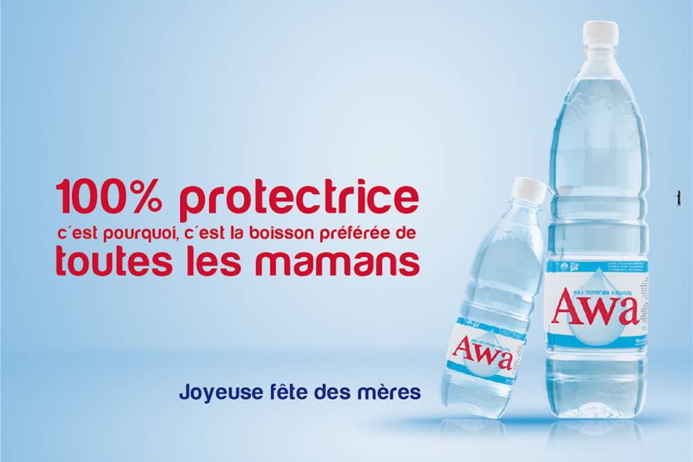 À l'occasion de la fête des mères, l'agence Voodoo Communication a réalisée une campagne publicitaire pour le compte de "Awa eau minérale" reprend les codes autour des valeurs maternelles. ©  Ange Servais