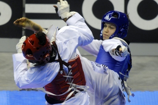 La Francaise Haby Niare (dos) face a sa compatriote Maeva Musso au championnat de France de taekwondo, le 7 fevrier 2009 a Lyon
