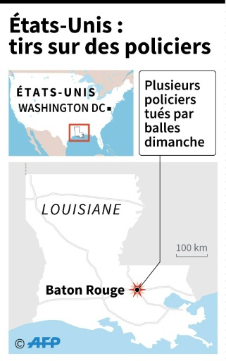 Carte de localisation de Baton Rouge en Louisiane où plusieurs policiers ont été touchés par des coups de feu dimanche, dans une ville où la mort d'un jeune Noir abattu par la police début juillet avait provoqué une vague d'indignation et de manifestations  © Thomas SAINT-CRICQ, Kun TIAN AFP