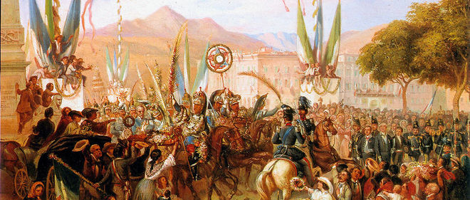 Vers l'annexion. En marche pour la << campagne d'Italie >>, les troupes francaises defilent a Nice, le 13 mai 1859 (toile du peintre nicois Hercule Trachel, 1820-1872).