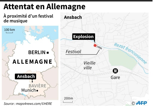 La bombe a explosé peu après vers 22H00 (20H00 GMT) devant un restaurant du centre-ville, à proximité immédiate du festival d'Ansbach, le 24 juillet 2016 © Jochen GEBAUER AFP