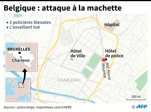 Carte de localisation d'une attaque à la machette à Charleroi, en Belgique  © Sabrina BLANCHARD AFP