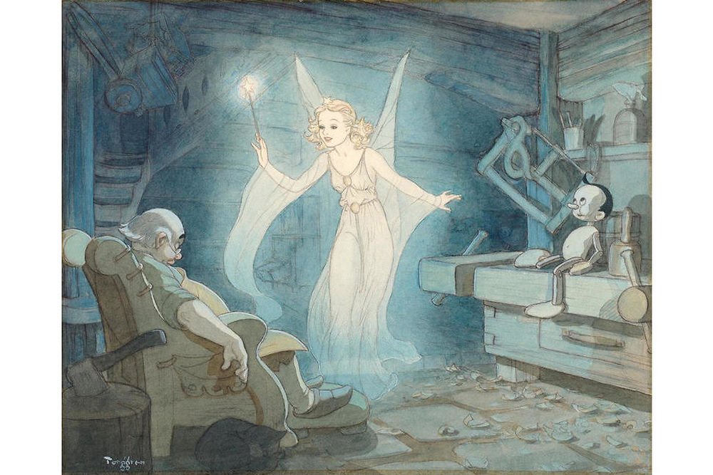La Fée bleue vient en aide à Gepetto sur une aquarelle de l'illustrateur Gustaf Tenggren. Un dessin produit lors du développement du film Pinocchio (1940).