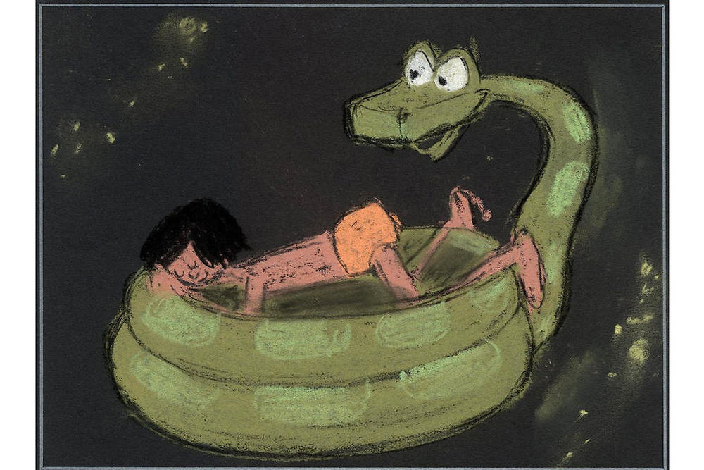 Mowgli s'endort dans les anneaux de Kaa sur un concept art jamais publié du Livre de la jungle (1967).