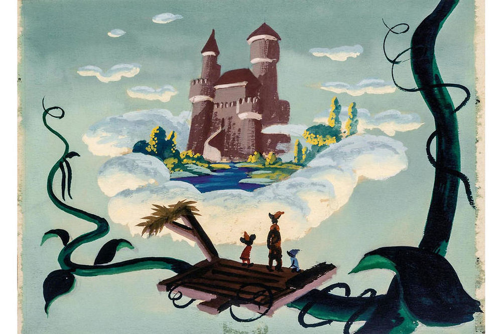 Mickey, Donald et Dingo s'apprêtent à pénétrer dans le château du géant sur une peinture de Mickey et le Haricot magique (1947).