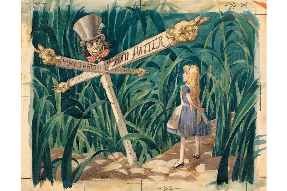 Un dessin de 1939 signé David Hall, directeur artistique d'Alice au pays des merveilles (1951). Disney avait pour projet d'adapter l'histoire de Lewis Carroll depuis les années 1930.