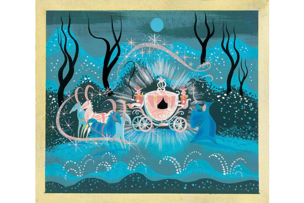 Une gouache représentant le carrosse magique de Cendrillon (1950). Le concept art est  signé Mary Blair, géniale illustratrice qui a donné ses couleurs vives à de nombreux classiques Disney.