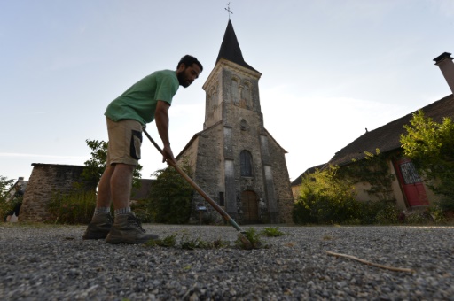 Guillaume Claude, le jardinier en chef du village Saint-Pierre-de-Frugie enlève les mauvaises herbes devant l'église, le 12 septembre 2016. © PASCAL LACHENAUD AFP/Archives