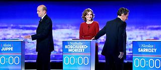 Nicolas Sarkozy, Nathalie Kosciusko-Morizet et Alain Juppé sur le plateau de TF1, jeudi soir.  ©MARTIN BUREAU