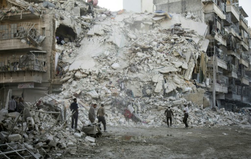 Des Casques blancs syriens recherchent des victimes dans les décombres d'immeubles touchés par des bombardements dans un quartier rebelle d'Alep, le 17 octobre 2016 © KARAM AL-MASRI AFP