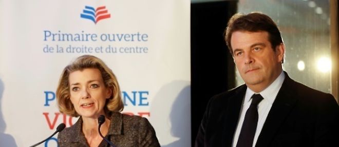 Le president du comite d'organisation de la primaire Thierry Solere et Anne Levade, presidente de la Haute Autorite de la primaire, annoncent les resultats a Paris le 27 novembre 2016