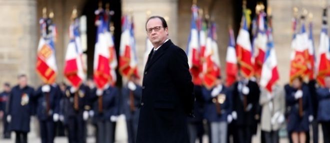 Francois Hollande lors d'une ceremonie aux Invalides a Paris le 3 fevrier 2015