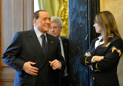 L'ancien Premier ministre italien Silvio Berlusconi à l'issue d'une rencontre avec le nouveau Premier ministre Matteo Renzi, le 19 février 2014 à Rome © ANDREAS SOLARO AFP/Archives