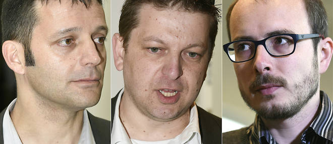 Edouard Perrin, a gauche, Raphael Halet, au centre, et Antoine Deltour comparaissent en appel devant le tribunal luxembourgeois lundi 12 decembre dans le cadre de l'affaire Luxleaks.