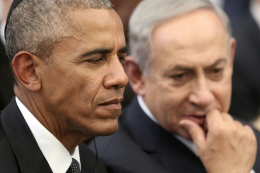 Le président Barack Obama et le Premier ministre israélien Benjamin Netanyahu, lors des funérailles de Shimon Peres, à Jérusalem, le 30 septembre  2016 © MENAHEM KAHANA POOL/AFP/Archives