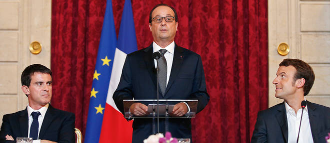 Manuel Valls, Francois Hollande et Emmanuel Macron, a l'epoque ou ils faisaient encore tous les trois partie du gouvernement.