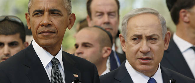 Barack Obama et Benjamin Netanyahu lors des obseques de l'ancien president israelien Shimon Peres, le 30 septembre 2016 a Jerusalem.