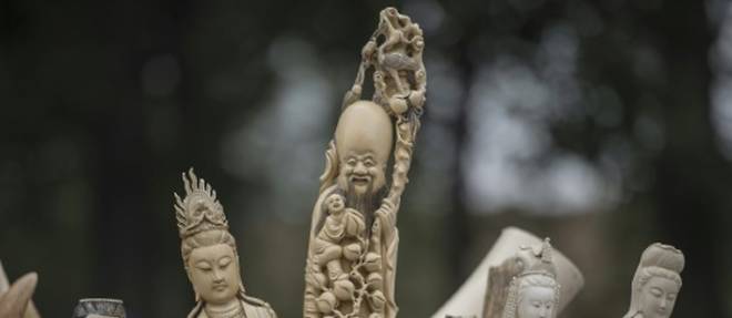 Des statuettes en ivoire, le 29 mai 2015 saisies en Chine et montrees aux medias avant leur destruction