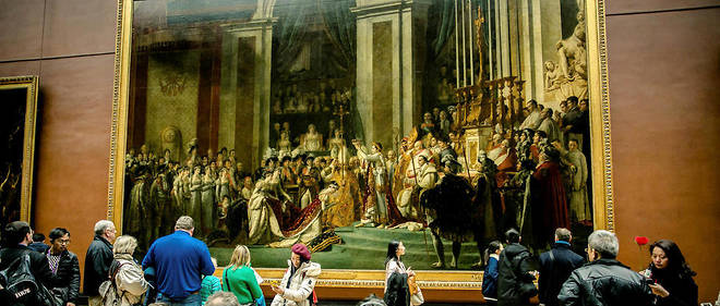 Regard. "Le sacre de Napoleon", de David, expose au Louvre. L'ouvrage explique le role joue par l'Empereur dans la creation des musees en Europe.